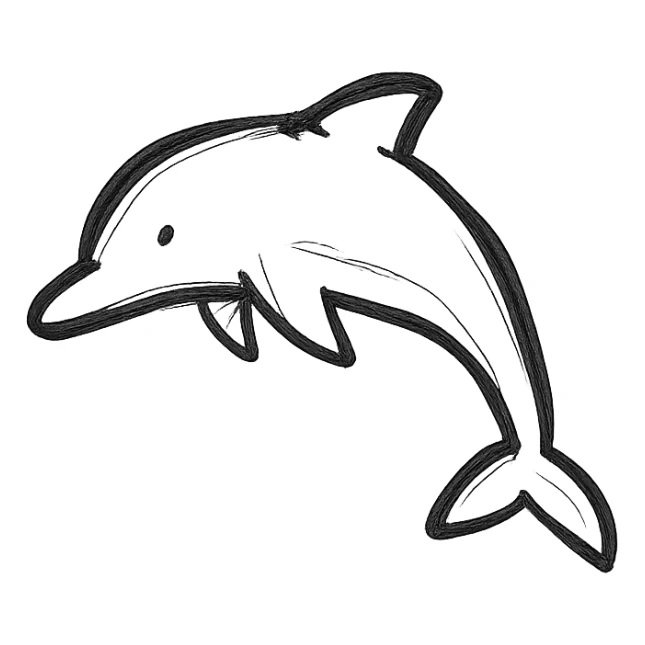 black dolphin, stylized, cartoonish, hand drawn style, playful, minimal detail sticker