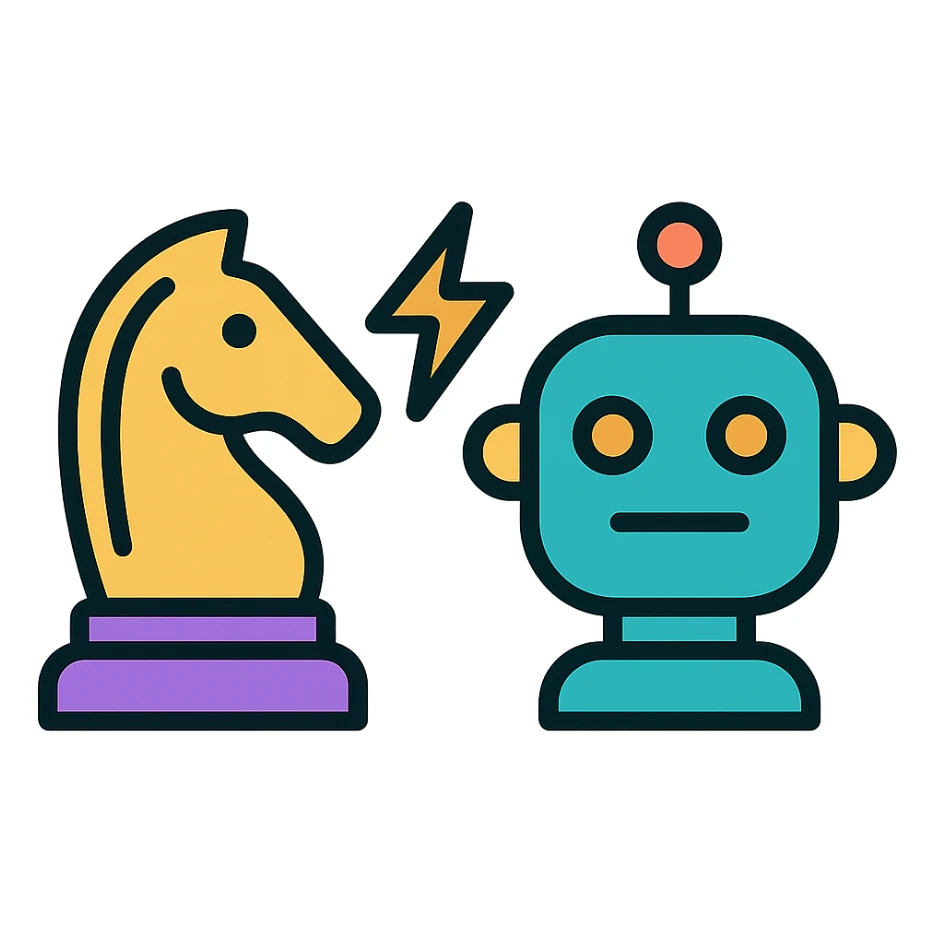icon showing a chess knight piece symbolizing strategy facing a stylized robot head symbolizing AI with a subtle lightning bolt or digital connection between them in a modern clean style sticker