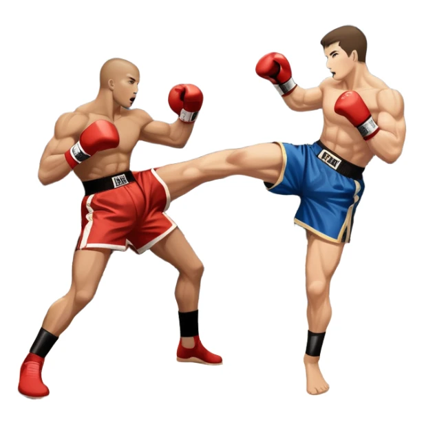 An icon symbolizing kickboxing, featuring two fighters in the midst of an intense match. One throws a powerful roundhouse kick, while the other counters with a punch. The background shows a ring, with ropes and a cheering crowd. Transparent background highlights the action and strength sticker