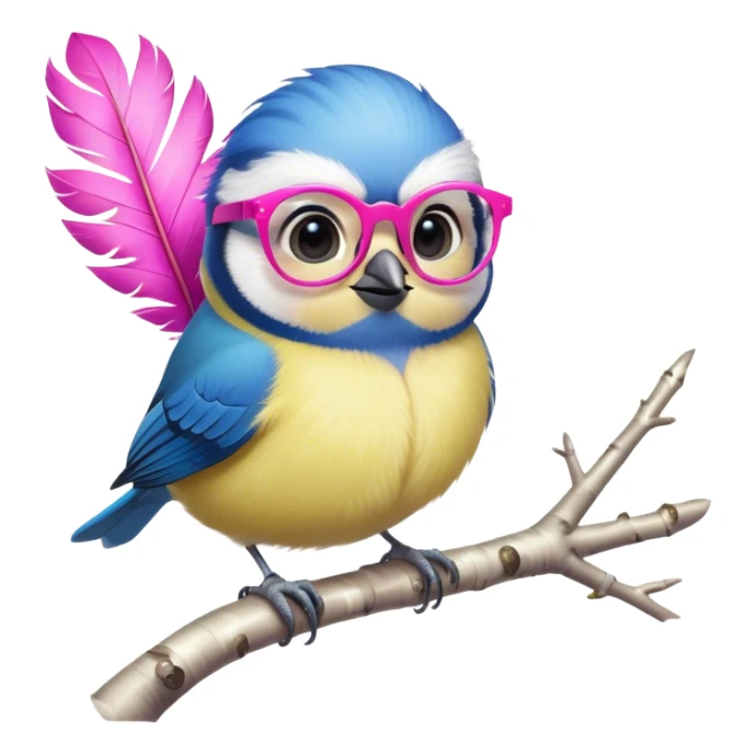 A blue tit sits on a birch tree wearing pink glasses. sticker