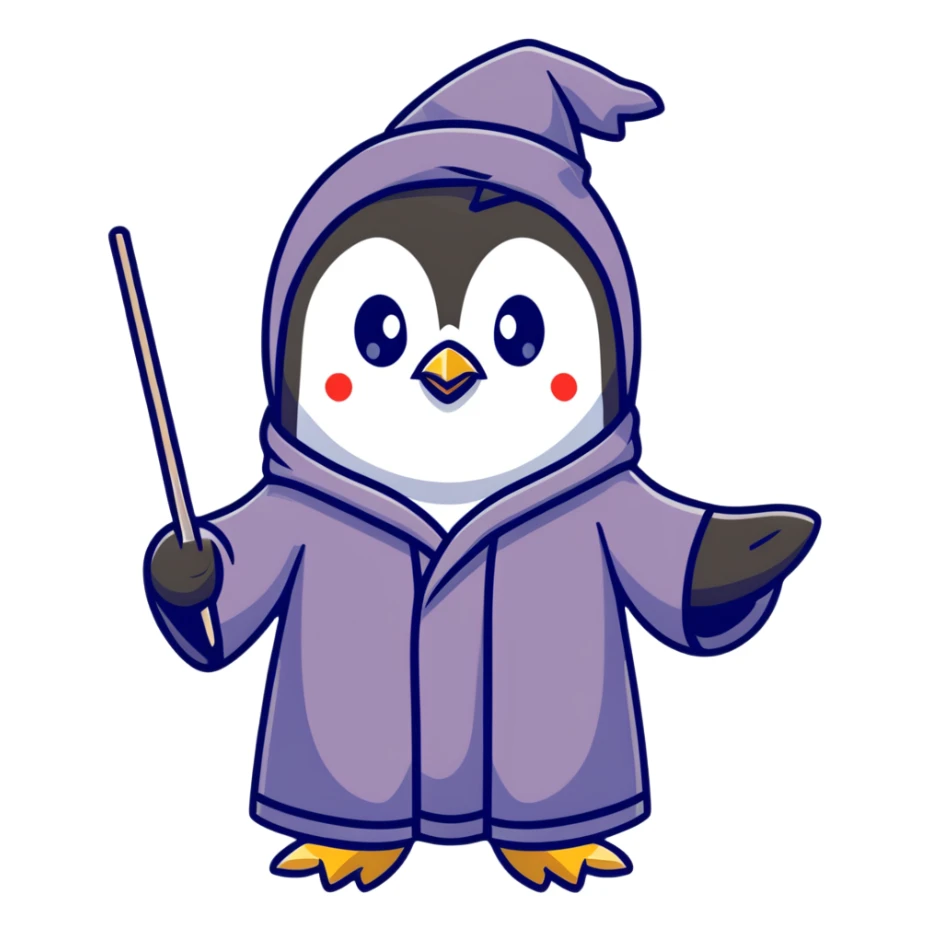 penguin wizard with a starry robe and wand sticker