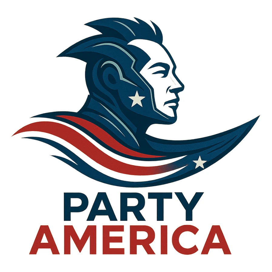 logo for a new US political party called 'Party America' featuring a stylized creature inspired by Elon Musk, with the party name 'Party America' clearly printed on the logo, blending futuristic and patriotic elements, using red, white, and blue colors sticker