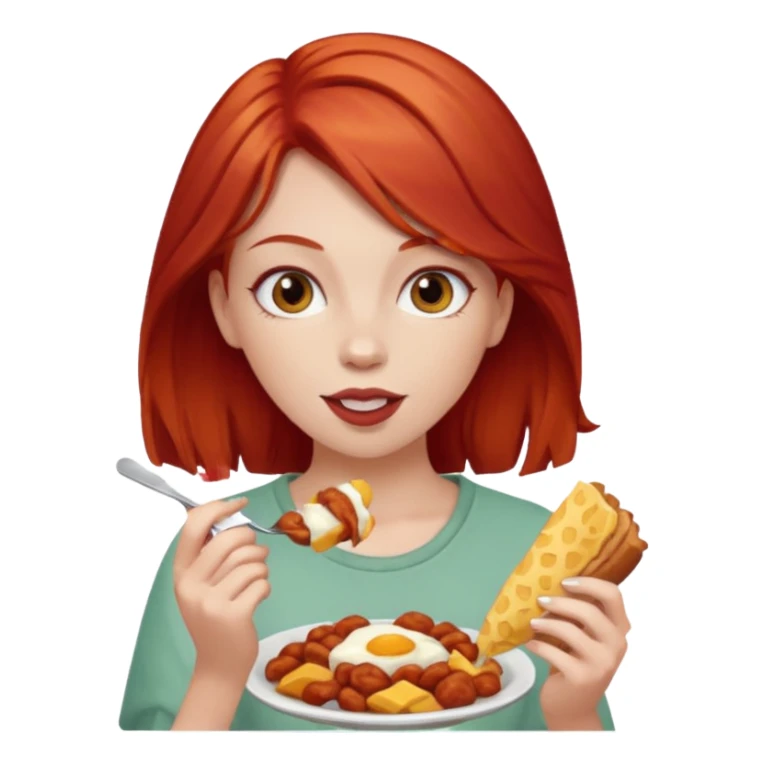 white girl with red hair eating food sticker