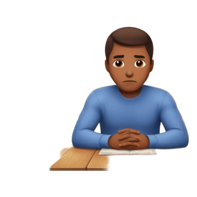 a man sits sadly at a table, a house is burning behind him, apple style emoji, more focus on the man's expression sticker