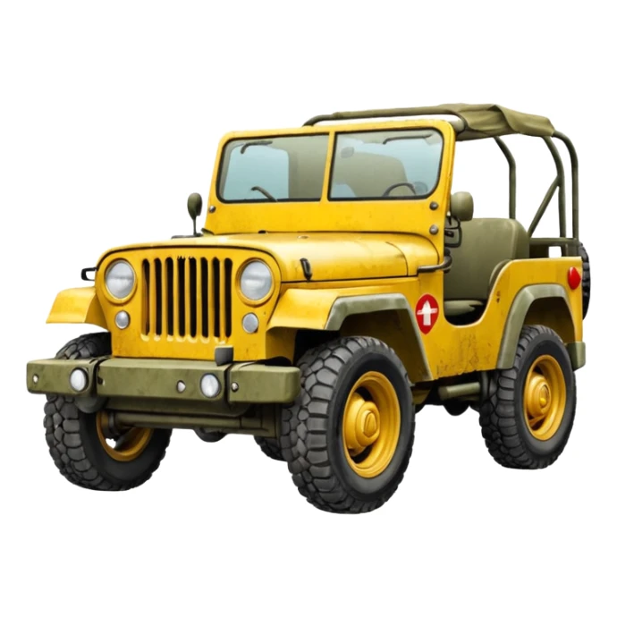 yellow military jeep, with protection, with red tuning symbols sticker