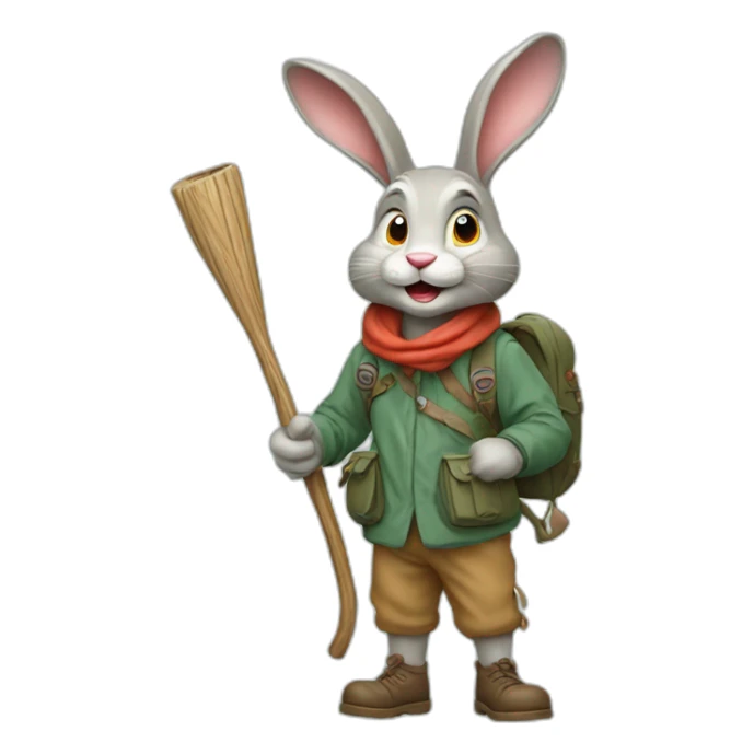 crazy rabbit in 1950's hiking attire with walking stick sticker