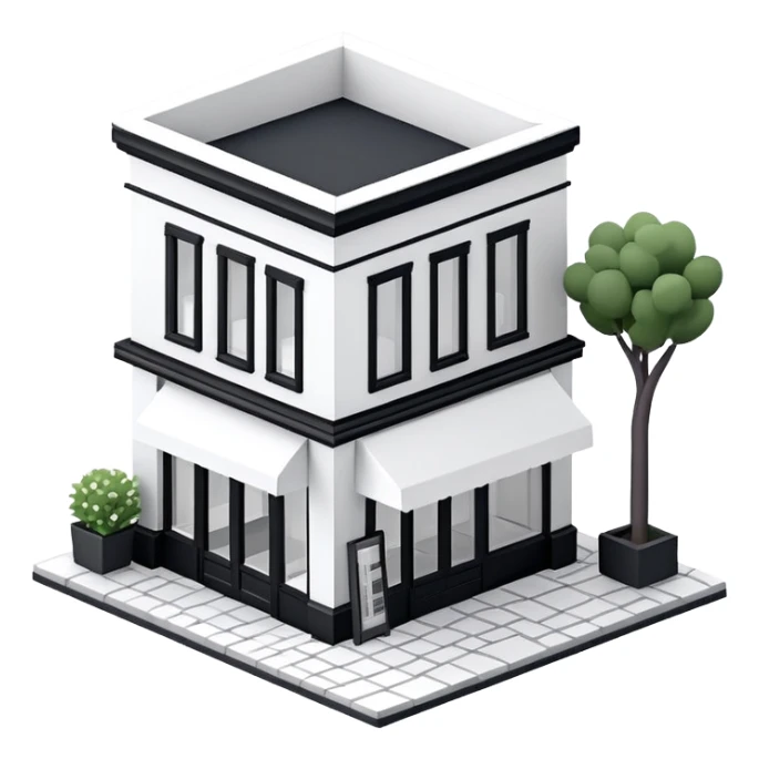 Isometric exterior little black and white bookstore, modern dollhouse style 3D realistic  sticker
