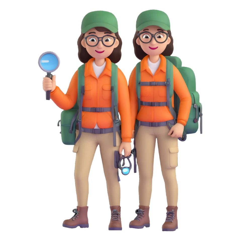 Happy female explorer with glasses, hiking outfit, backpack, holding a single magnifying glass sticker