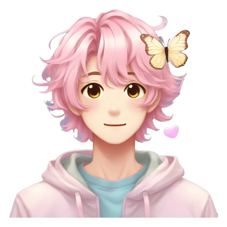 Gorgeous colorful shiny pastel anime style shojo man with blushing face and butterflies aesthetic and pretty hair trending style sticker