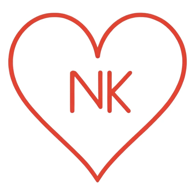 Minimalist illustration of a heart drawn with a single continuous line Integrated into the heart’s line, the letters ‘N’ and ‘K’ appear subtly, as part of the drawing itself sticker
