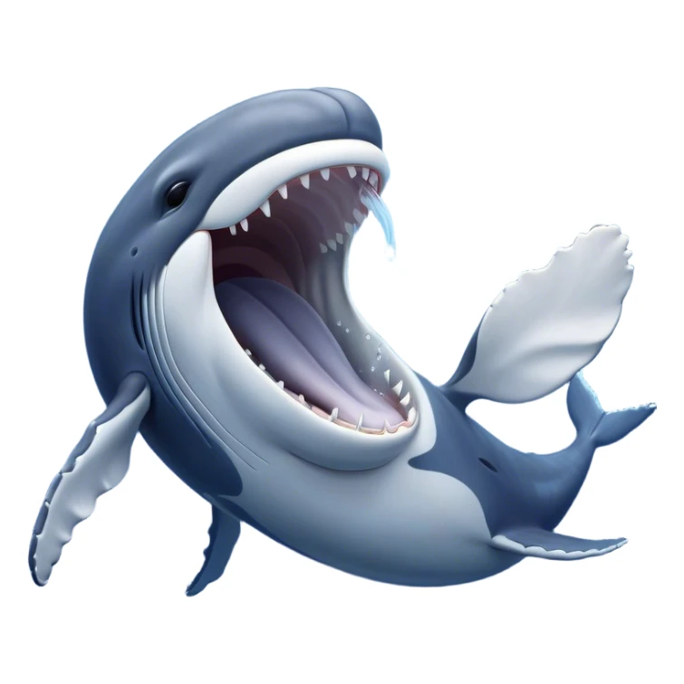 Cinematic Cute Yawning Humpback Whale Portrait Emoji, Head tilted slightly with a dramatic, wide-open yawn, showcasing a massive yet gentle blue-gray body with gently rippling baleen plates and sleepy, half-closed eyes, Simplified yet irresistibly adorable features, highly detailed, glowing with a soft, cozy marine glow, high shine, relaxed yet expressive, stylized with a dash of whimsical deep-sea charm, soft glowing outline, capturing the essence of a drowsy yet affectionate humpback whale that appears ready to drift into a deep-sea slumber! sticker