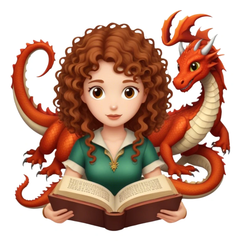 chestnut curly/wavy haired girl reading a fantasy book with dragons sticker