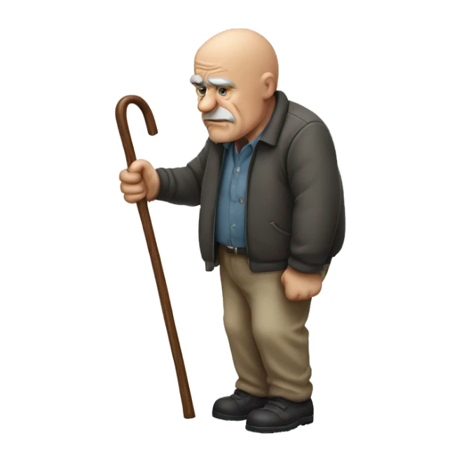 Bald Old man leaning on a walking cane holding his back with his hand grumpy face, detailed sticker
