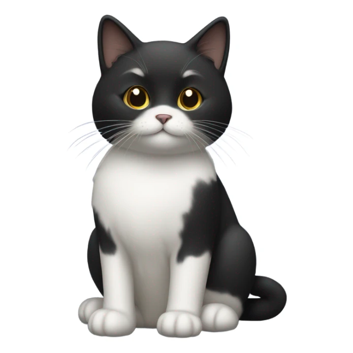 Small, short-haired, black-faced black cat with a white tummy sitting up sticker