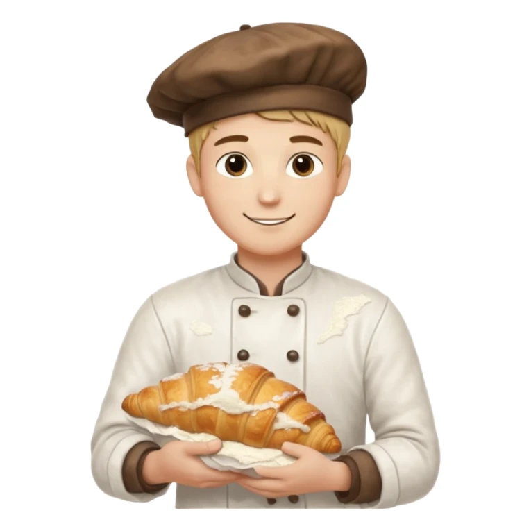 Young male baker – holding a croissant, flour on clothes

 sticker
