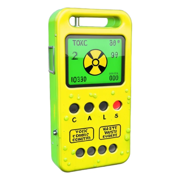 3D render of Geiger Counte, toxic waste aesthetic, neon green bubbling liquid, caution yellow metal, industrial warning texture. sticker