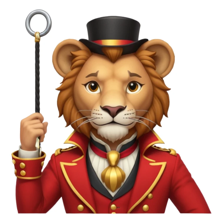 circus lion tamer portrait, head and shoulders only, red ringmaster jacket collar, confident strong look, whip handle visible, 3D cartoon, mobile game icon style, clean background, no text, no watermark
 sticker