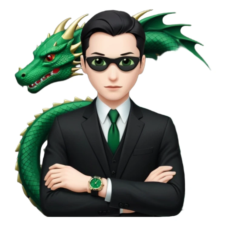 mysterious scenery: green audemars piguet watch (without text), black bugatti, and a dark green dragon, and a mysterious agent from The Matrix sticker