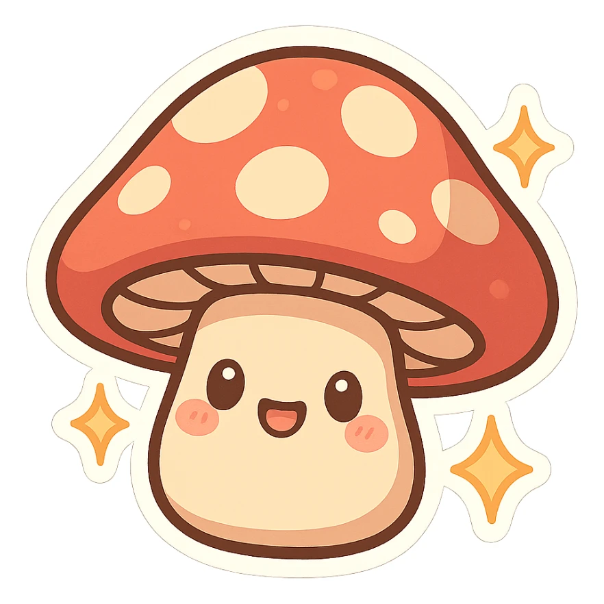 chibi sticker-style mushroom with sparkles, cute and exaggerated sticker