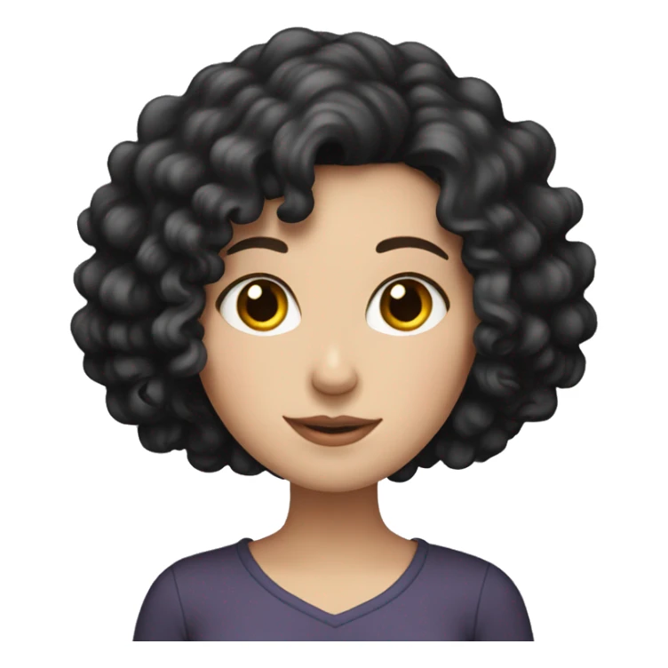 White girl with black curly hair reading sticker