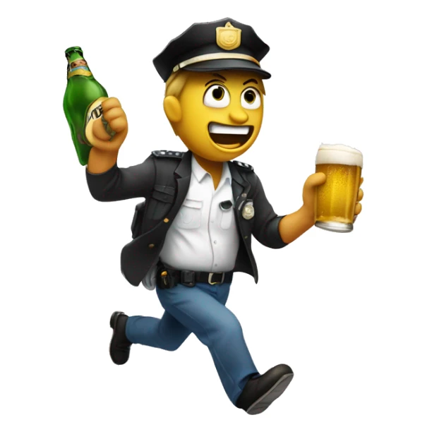 Drunk emoji holding a beer bottle, running away from police with a panicked expression, sweat droplets, and stumbling steps. sticker