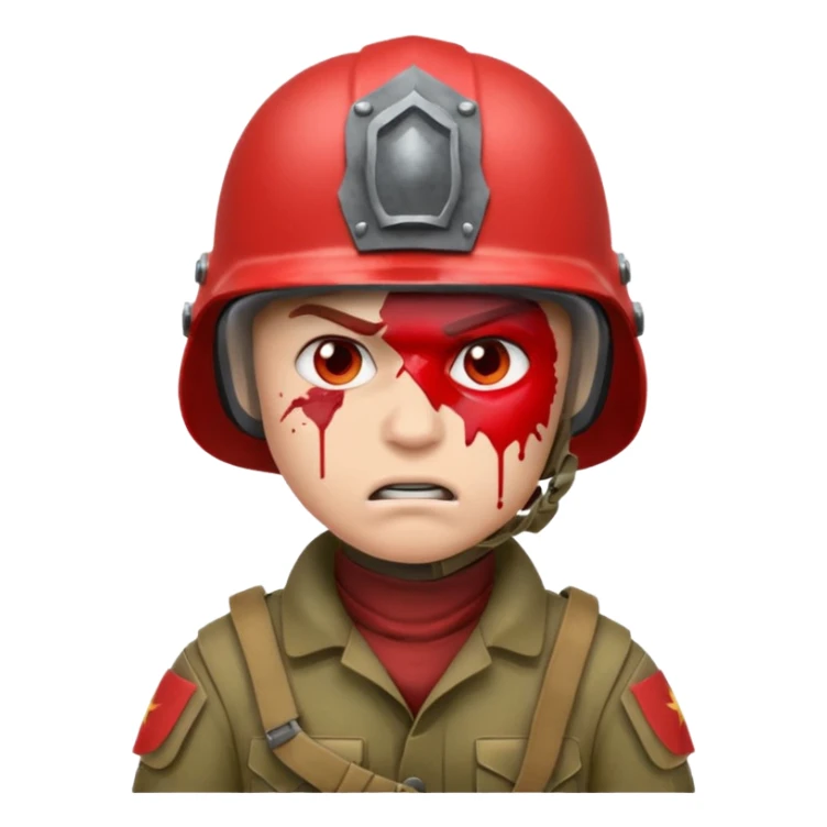 angry soldier, red skin, blood splatter on left cheek sticker