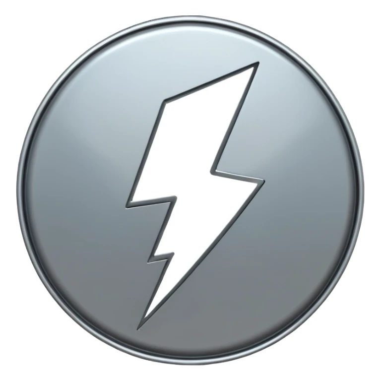 A lightning bolt emoji made of polished silver chrome, sharp yet rounded edges, glossy metallic surface, soft reflections, minimal futuristic design, iOS emoji style, centered, clean white background sticker