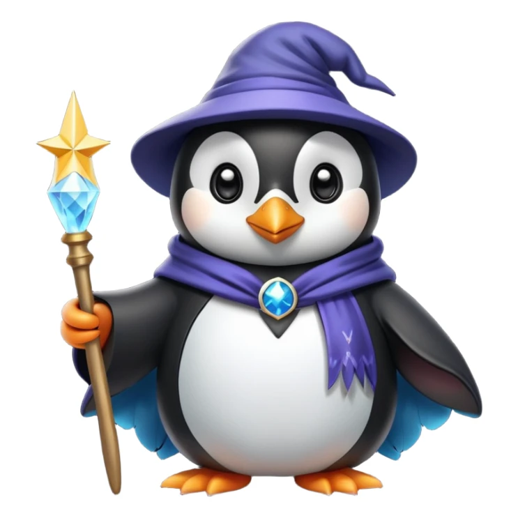 A cute penguin wearing a wizard hat and robe, holding a magic wand sticker