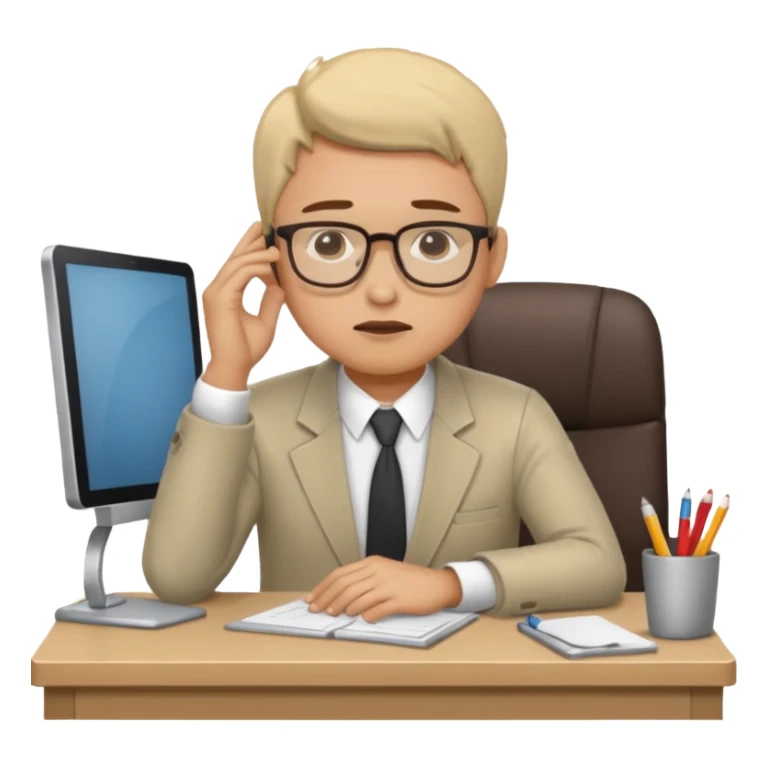 man sitting at his workplace, working hard, very tired, focused face sticker