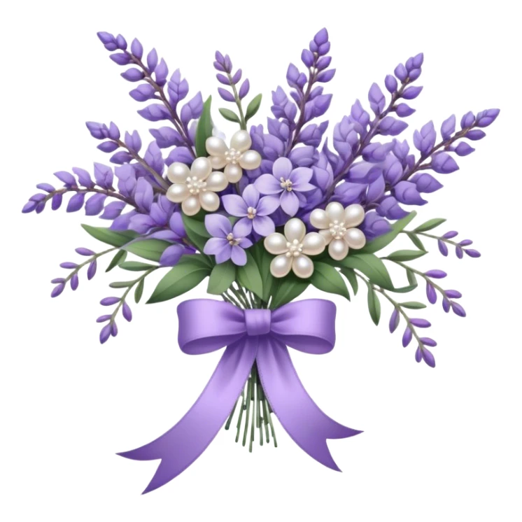 A cascading bouquet of lavender, blending soft lilac, dusky violet, and deep amethyst hues, is wrapped in delicate pearl-colored lace, tied with a silky wisteria ribbon. The stems, slightly uneven and wild, spill gently over the edge of an antique silver tray, where a few loose buds rest, their fragrance mingling with the faint scent of aged paper and timeworn fabric.
 sticker