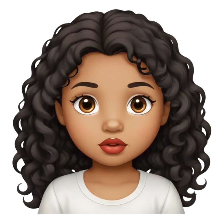 medium brown skin tone, very adorable toddler, with big plump lips, long long lashes, black curly long hair, brown eyes, white shirt sticker