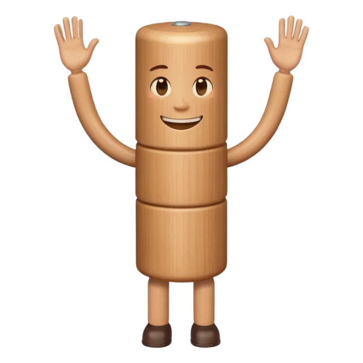 A wooden cylinder with a  face with arms and legs  sticker