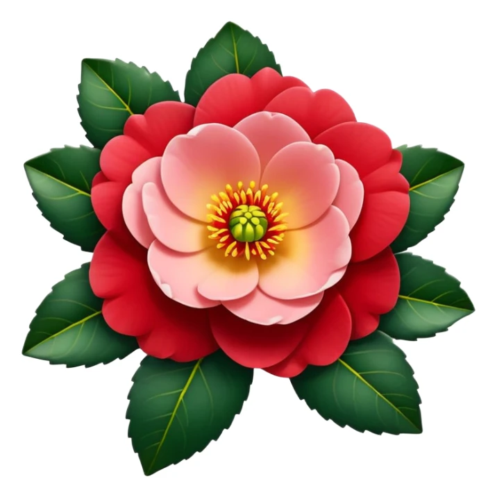 Classic camellia flower with perfectly arranged overlapping red petals, distinctive yellow stamens in center, and serrated glossy dark green leaves sticker