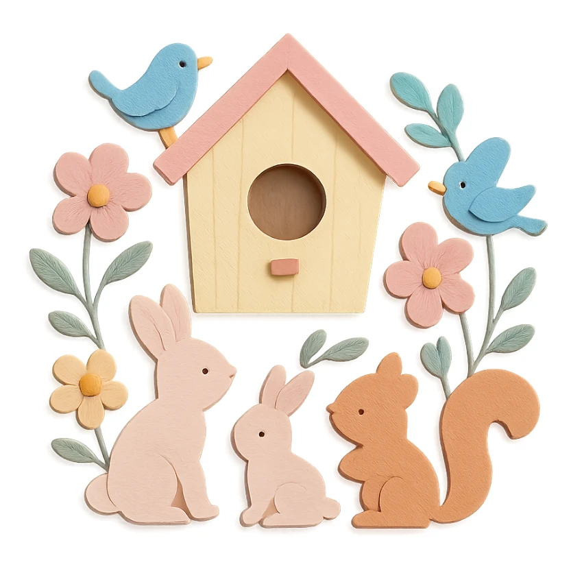 birdhouse with flowers and forest creatures including bunnies, birds, and squirrels, soft pastel colors, transparent background, paper-craft style sticker