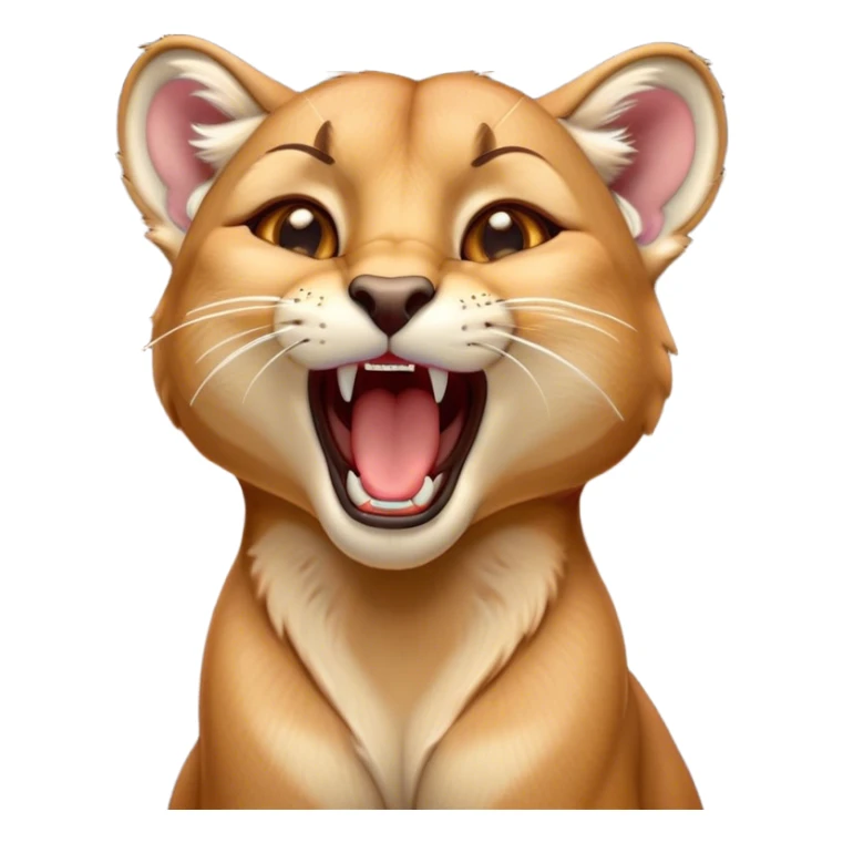 Cinematic Cute Yawning Cougar Portrait Emoji, Head tilted slightly with a dramatic, wide-open yawn, showcasing a soft, sleek tawny Fur with gently drooping ears, round amber eyes barely open in drowsy contentment, Simplified yet irresistibly adorable features, highly detailed, glowing with a soft, cozy glow, high shine, relaxed yet expressive, stylized with a touch of wild whimsy, bright and endearing, soft glowing outline, capturing the essence of a sleepy yet affectionate cougar, so drowsy it feels like it could stretch out of the screen and curl up for a nap! sticker