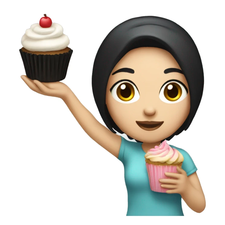 A girl with white skin black hair holding a cupcake sticker