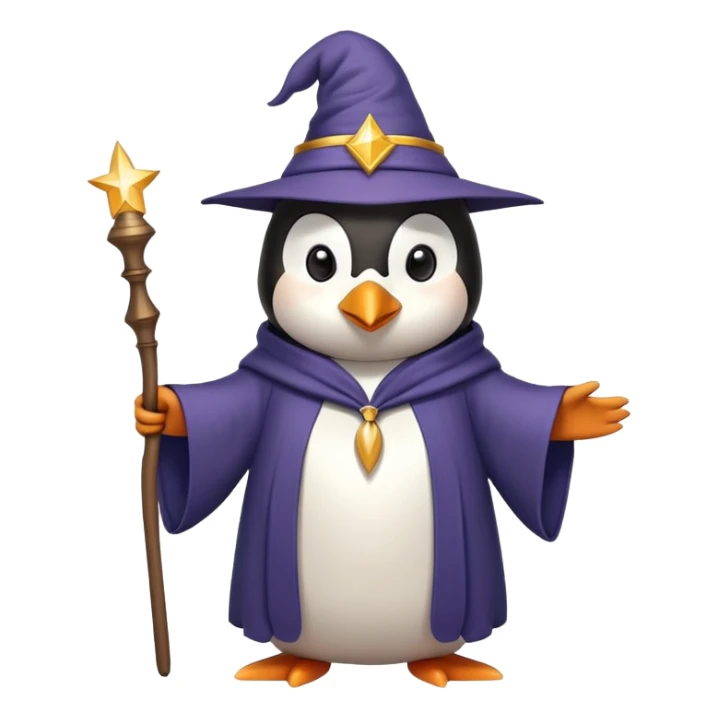 penguin wearing a wizard hat and robe, holding a magic wand sticker