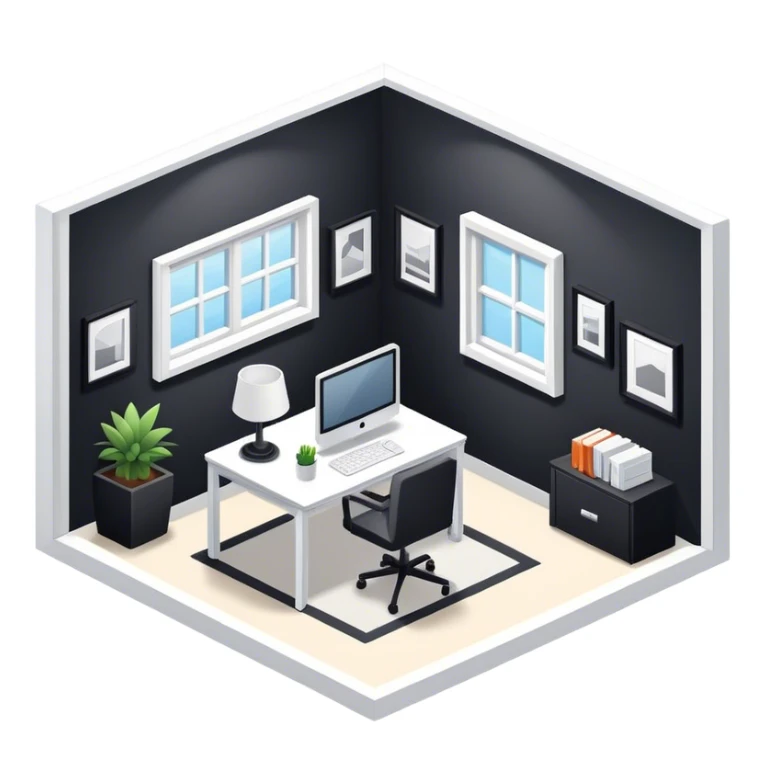 An isometric 3D room with two walls that meet at the back left and right and a Window. Black and White Home Office sticker