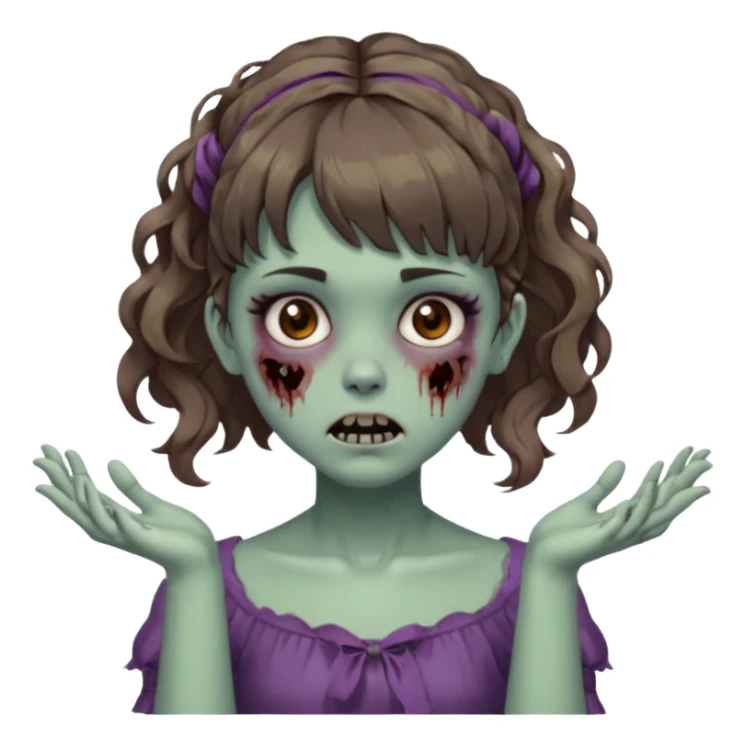Cabelo ondulado  um pouco cheio e franja curta  Olhos marrons e pequenos e feita d ezumbi mais bonita com cabelo amarro na e com as mãos assim tipo assim🧟‍♀️ sticker