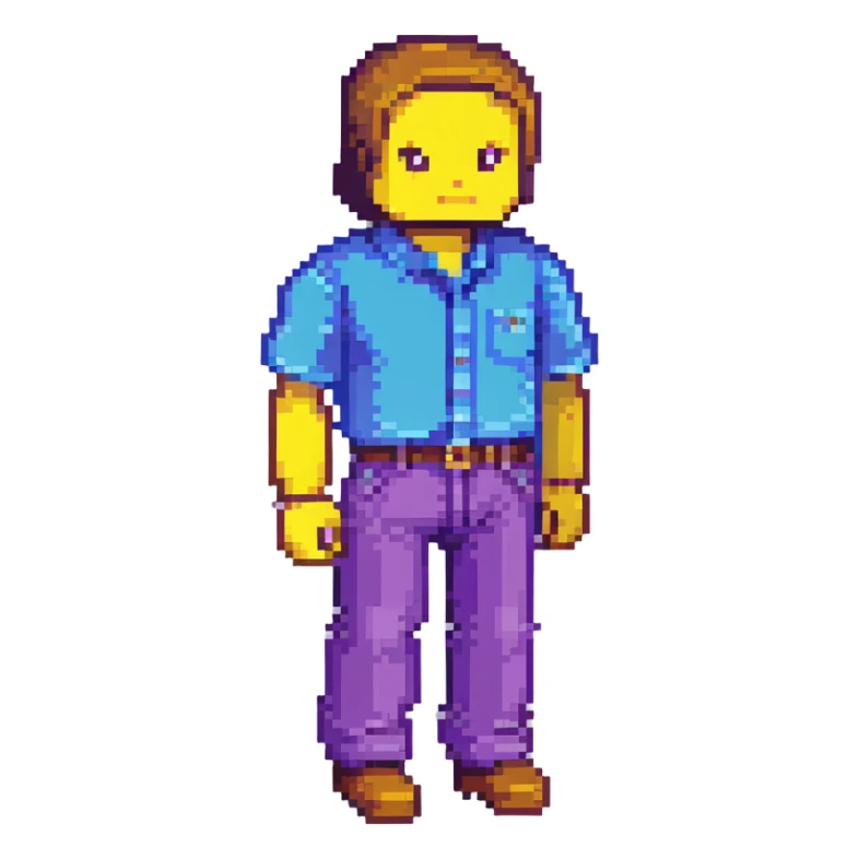 Steve from Minecraft, blocky character with blue shirt and purple pants sticker