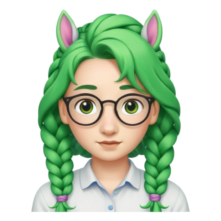 braided unicorn wiith big visible braids looking into the camera spectacled green hair and no ears sticker