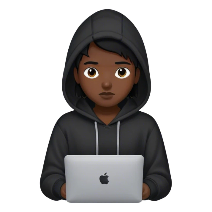 hackeur cheveux noir et capuche noiravec un macbook sticker