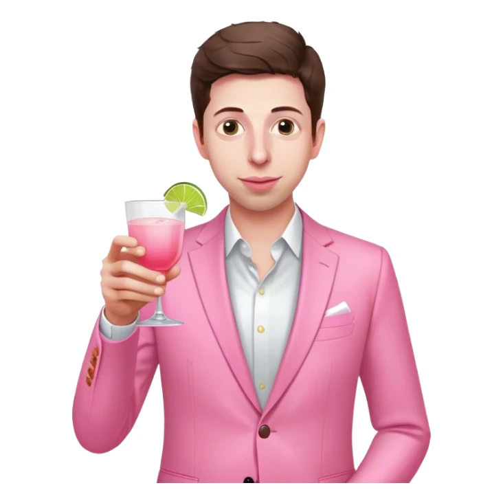 Sam Altman in all pink suit, with one hand holding a pink tequila drink sticker