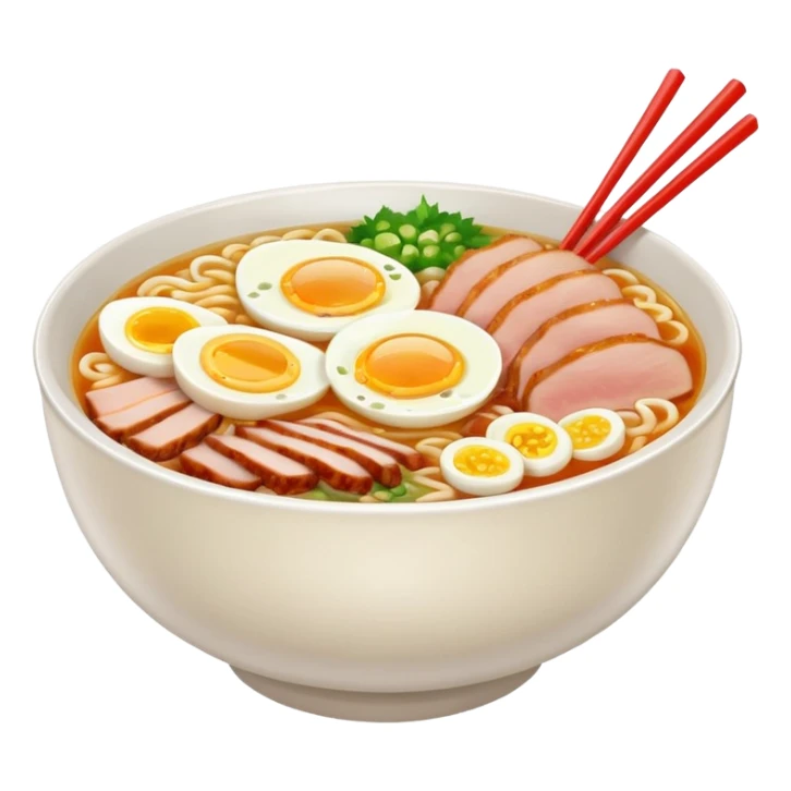 Create a realistic ramen bowl with broth, egg, pork slices & toppings. sticker