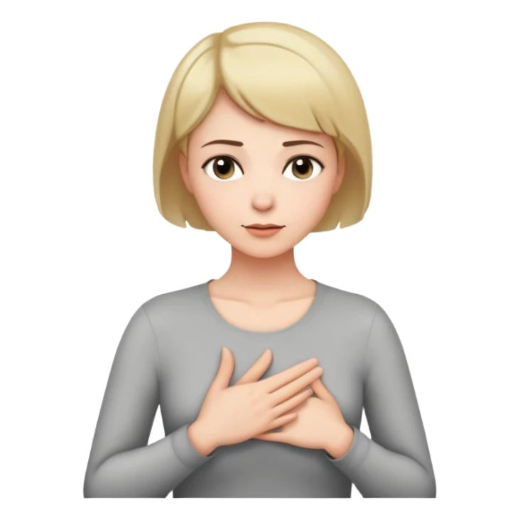 white woman short hair doing eyvallah gesture, head tilted and hand on chest sticker