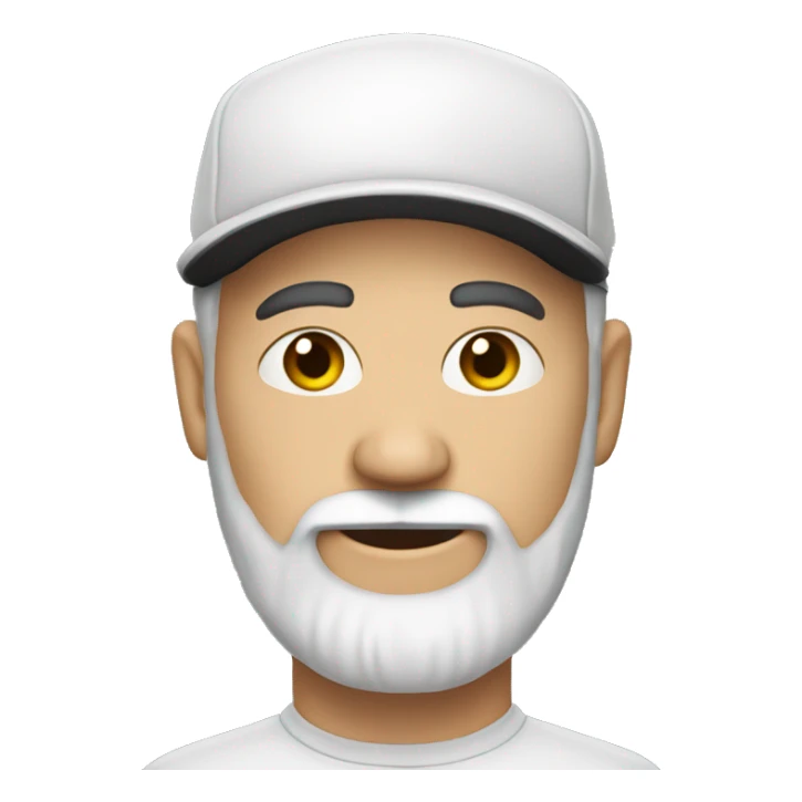 Man in his 40s with white cap hat, with long 2 color black and white beard sticker