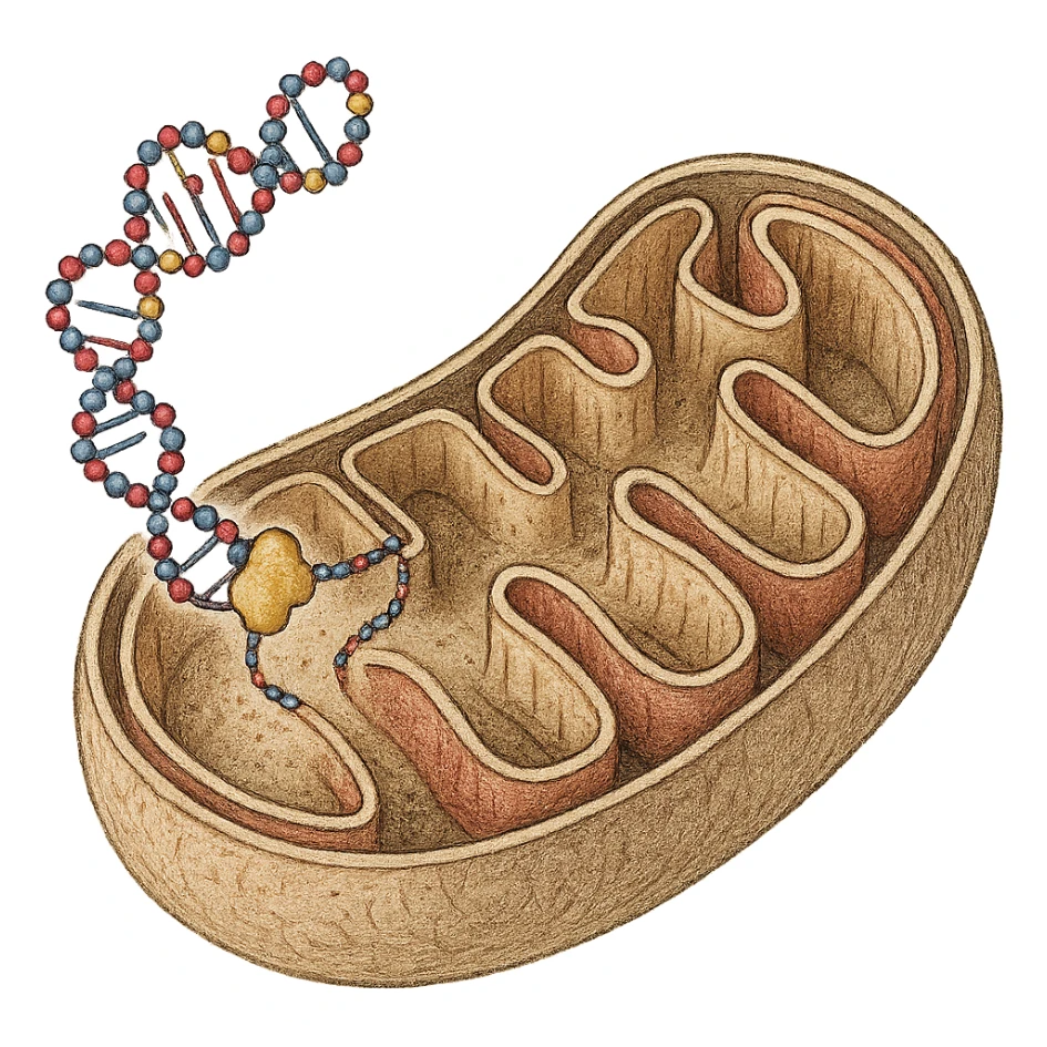 biogenesi mitocondriale, step 3: replicazione del DNA mitocondriale e formazione delle creste interne, hyperrealistic detailed colored drawing on white textured paper, isolated on white background, visible molecular details sticker