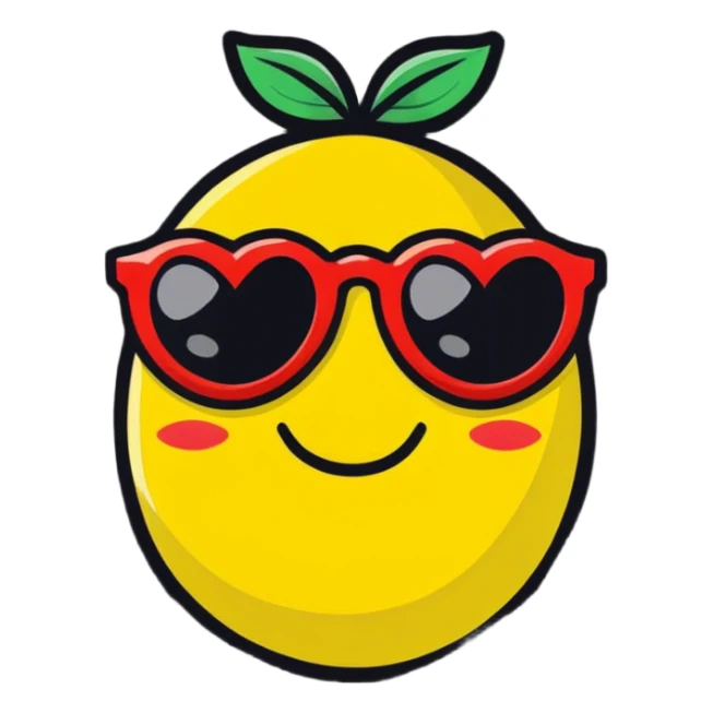 A lemon wearing red heart sunglass frame with black lenses with a cute smile  sticker