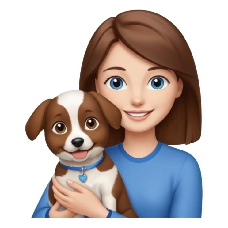 Blue eyes brown haired woman holding a brown and white dog sticker