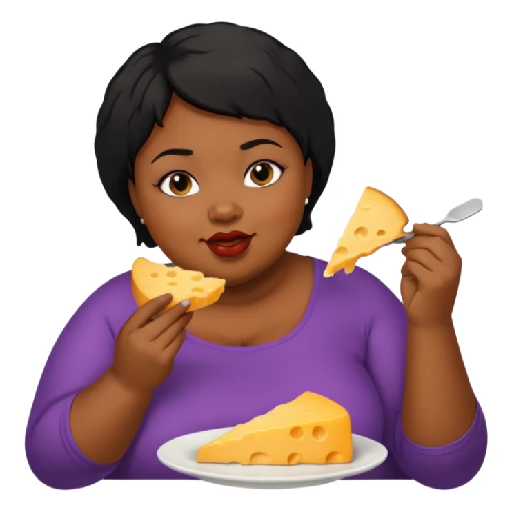 Fat black woman with short hair eating cheese sticker